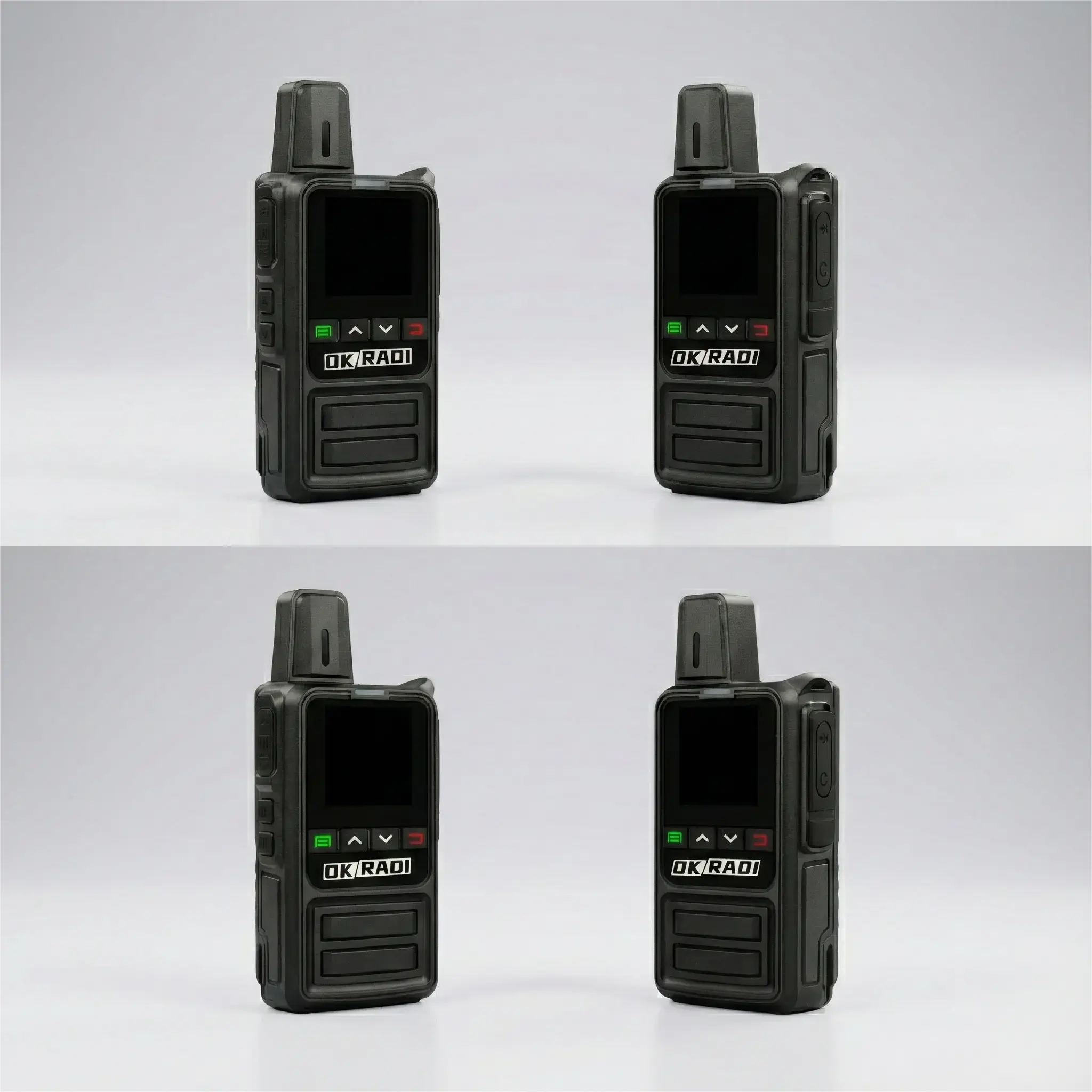 Front view of four OKRADI G36 LTE two way radios in a 4 pack bundle