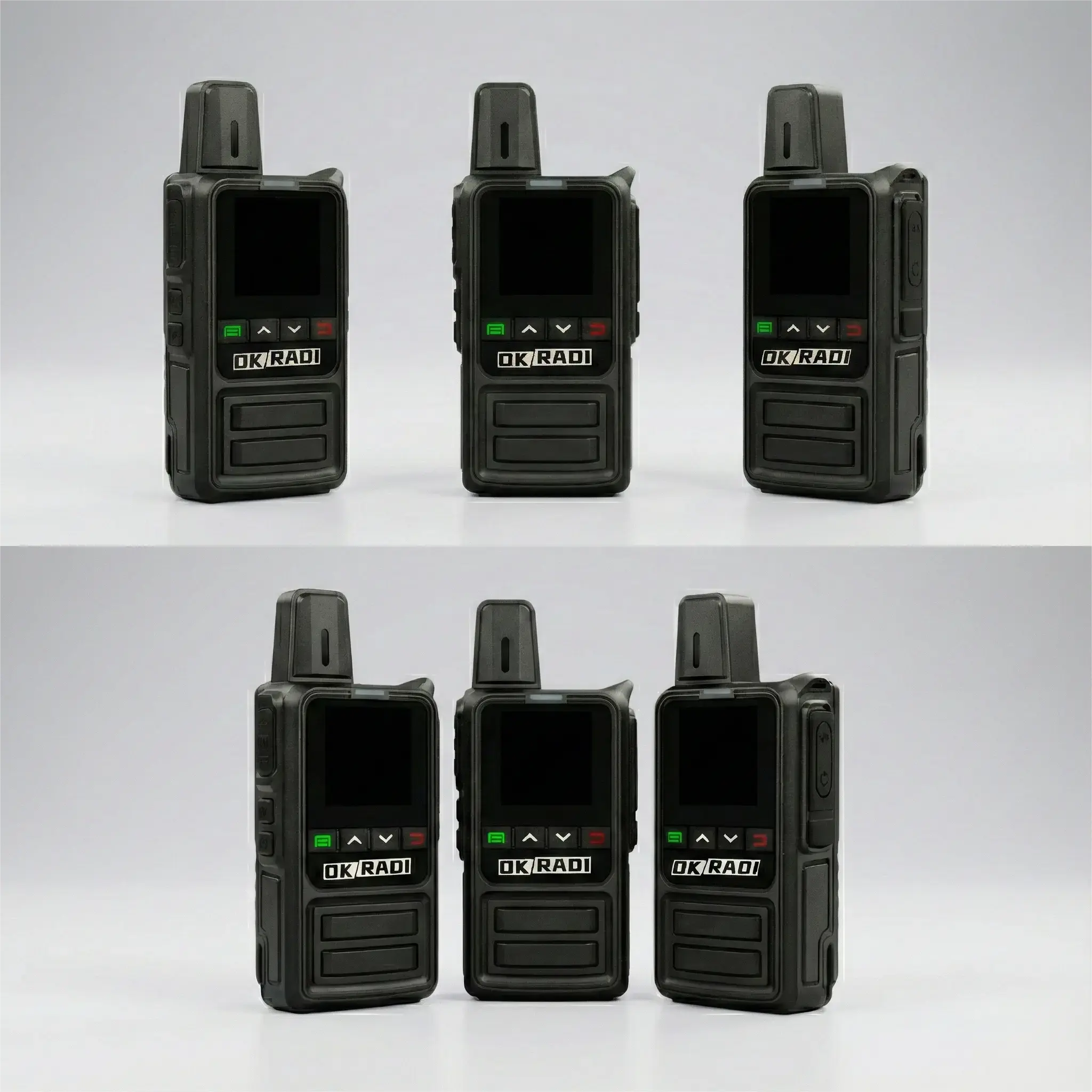 Front view of six OKRADI G36 LTE two way radios in a 6 pack bundle