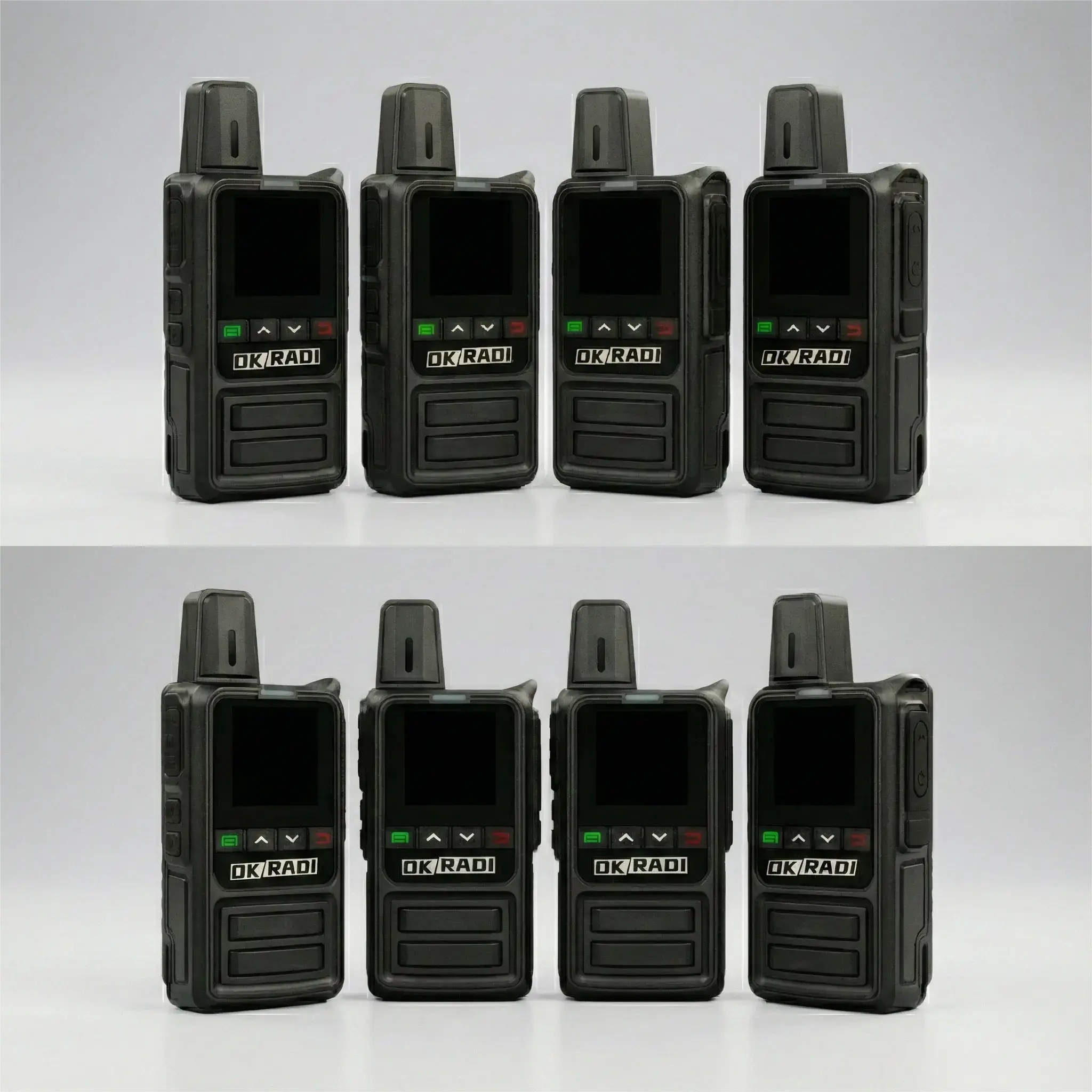 Front view of eight OKRADI G36 LTE two way radios in an 8 pack bundle