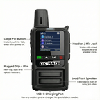 Front view of OKRADI G36 two way radio with labeled feature callouts on a white background