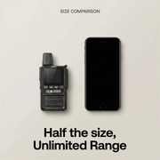 OKRADI G36 LTE radio shown next to a smartphone with text half the size unlimited range