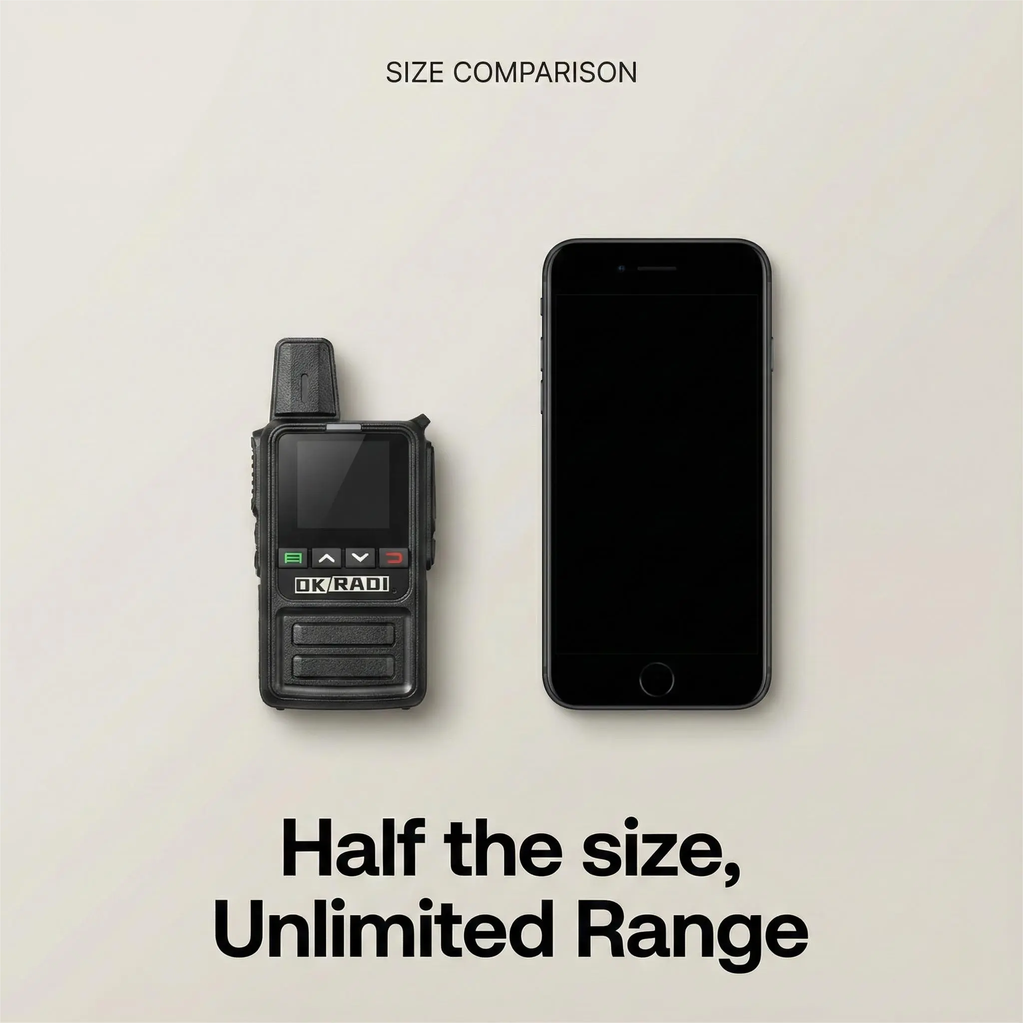 OKRADI G36 LTE radio shown next to a smartphone with text half the size unlimited range
